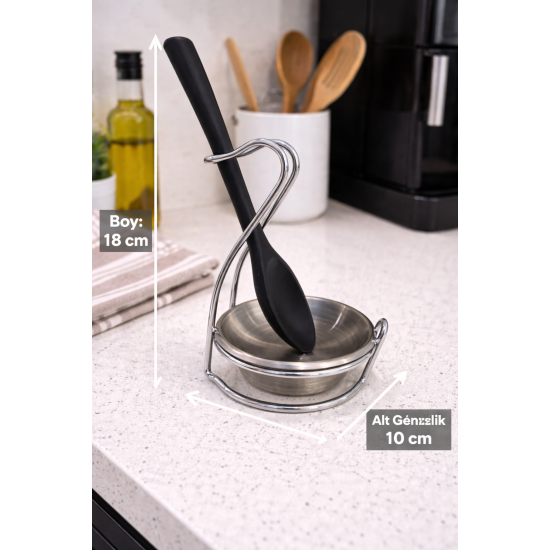 Premium Kirli Kaşık Kepçelik Paslanmaz Çelik Tezgah Üstü Metal Standlı Kaşık Tutacağı 18 cm