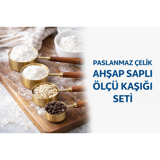 Premium Ahşap Saplı Gold Ölçü Kabı Seti 4'lü Mutfak Ölçü Kupası (250 ml, 125 ml, 80 ml, 60 ml)Kutulu
