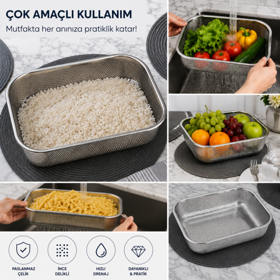 İnox Paslanmaz Çelik Kevgir Süzgeç Meyve Sebze Yıkama ve Makarna Süzme Sepeti 30*22*5 Cm