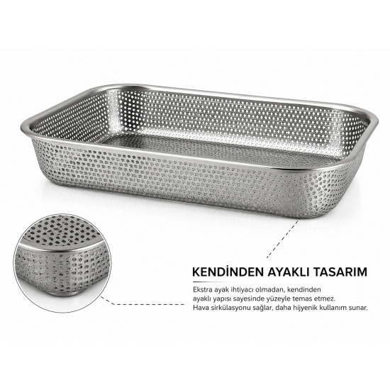 İnox Paslanmaz Çelik Kevgir Süzgeç Meyve Sebze Yıkama ve Makarna Süzme Sepeti 30*22*5 Cm