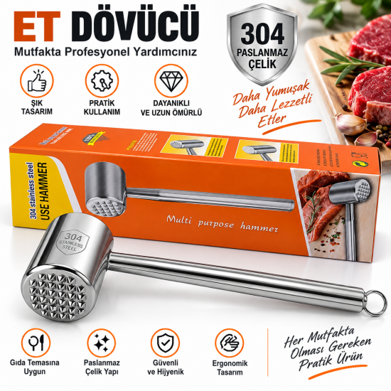 DİES - Et Dövücü , 304 Paslanmaz Çelik , Kutulu Profesyonel DİES - Et Dövücü , 304 Paslanmaz Çelik , Kutulu Profesyonel