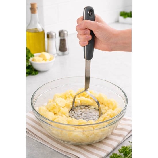 304 Paslanmaz Çelik Patates Ezici Gri Saplı 3 mm Kalınlık Havuç Muz Avokado Ezici