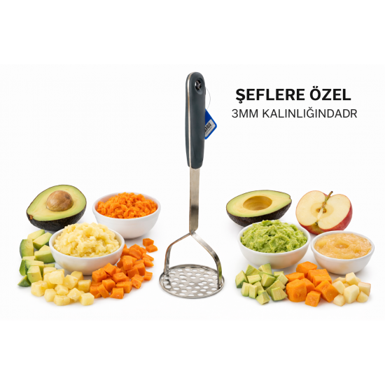 304 Paslanmaz Çelik Patates Ezici Gri Saplı 3 mm Kalınlık Havuç Muz Avokado Ezici