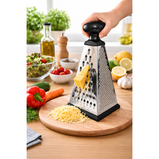 Paslanmaz Çelik 4 Taraflı Mutfak Rende 22 cm Kaymaz Tabanlı, Ergonomik Saplı Sebze ve Peynir Rendesi