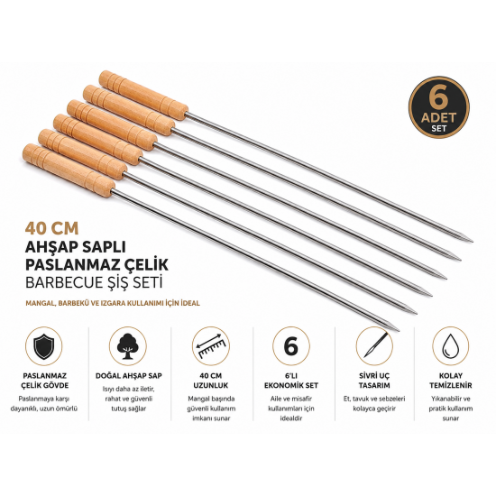 6'lı Ahşap Barbekü Şişi 40 cm – Mangal, Kebap ve Izgara İçin Doğal Ahşap Şiş Kebap Şişi 6'lı Ahşap Barbekü Şişi 40 cm – Mangal, Kebap ve Izgara İçin Doğal Ahşap Şiş Kebap Şişi