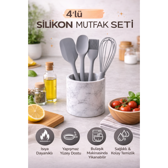 4’lü Silikon Mutfak Seti Isıya Dayanıklı Spatula Kaşık Fırça Çırpıcı Yanmaz Yapışmaz Gri
