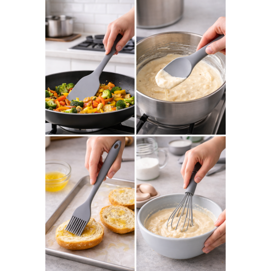 4’lü Silikon Mutfak Seti Isıya Dayanıklı Spatula Kaşık Fırça Çırpıcı Yanmaz Yapışmaz Gri
