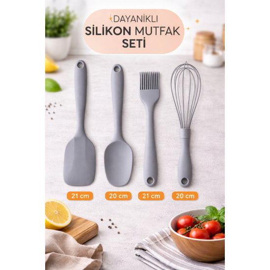 4’lü Silikon Mutfak Seti Isıya Dayanıklı Spatula Kaşık Fırça Çırpıcı Yanmaz Yapışmaz Gri
