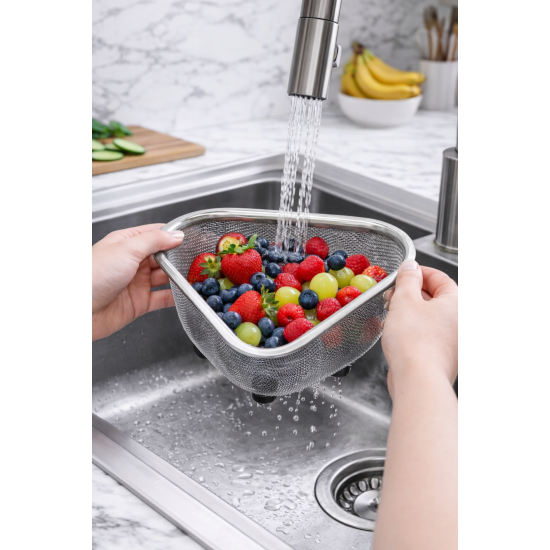 Lavabo İçi Süzgeci Üçgen Paslanmaz Çelik Süzgeç 18x12x12 cm Mutfak Atık ve Meyve Sebze Süzme Sepeti