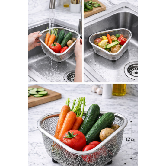 Lavabo İçi Süzgeci Üçgen Paslanmaz Çelik Süzgeç 18x12x12 cm Mutfak Atık ve Meyve Sebze Süzme Sepeti