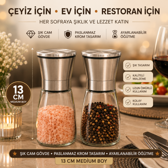 2 Li Tuz Karabiber Değirmeni Tuzluk 13 Cm Krom Kapaklı Paslanmaz Çelik Kapaklı Cam Gövdeli Öğütücü 2 Li Tuz Karabiber Değirmeni Tuzluk 13 Cm Krom Kapaklı Paslanmaz Çelik Kapaklı Cam Gövdeli Öğütücü